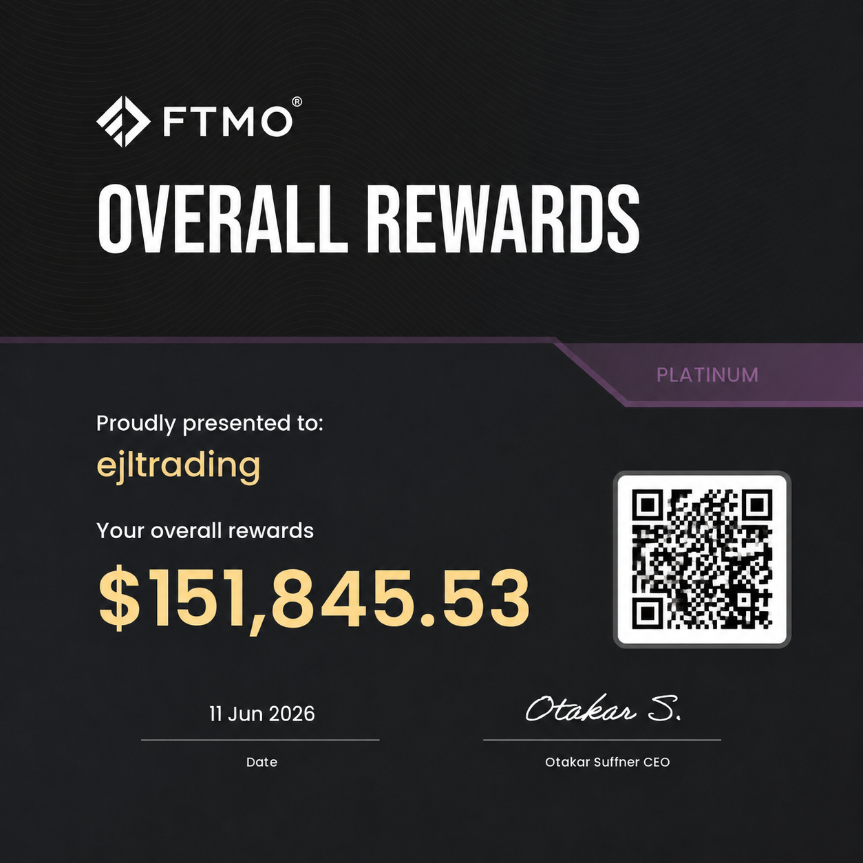 FTMO Overall Rewards certificate - ejltrading, $151,845.53 in payouts, Platinum tier